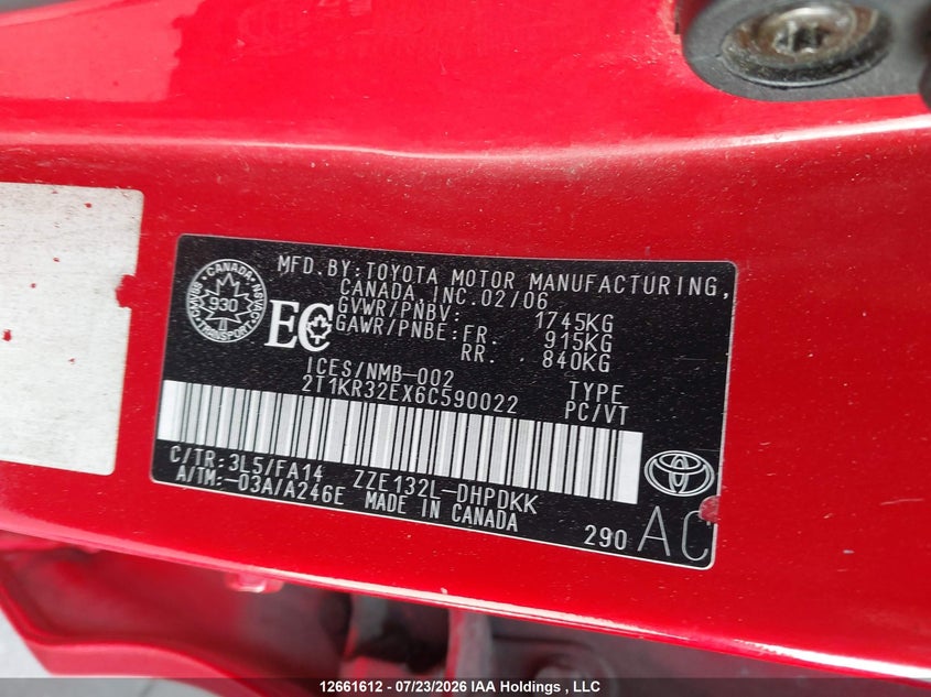 2006 TOYOTA MATRIX HATCHBACK 1.8L I4 FI DOHC 16V F4