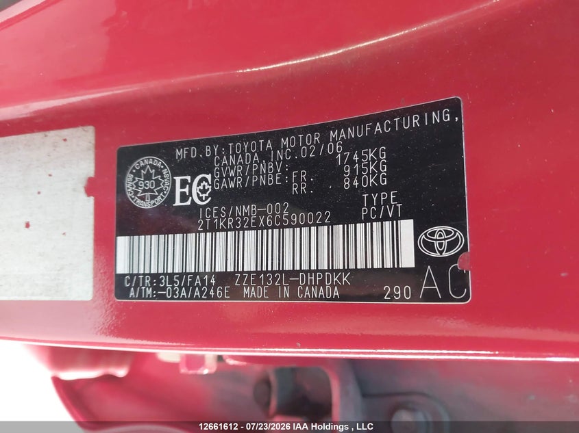 2006 TOYOTA MATRIX HATCHBACK 1.8L I4 FI DOHC 16V F4