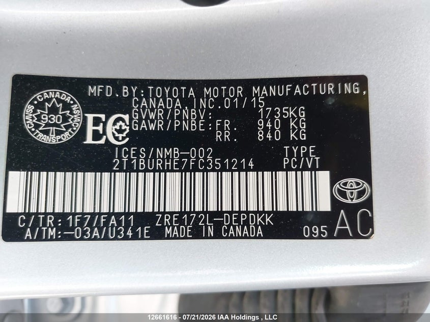2015 TOYOTA COROLLA SEDAN 1.8L I-4 DOHC, VVT, 132HP