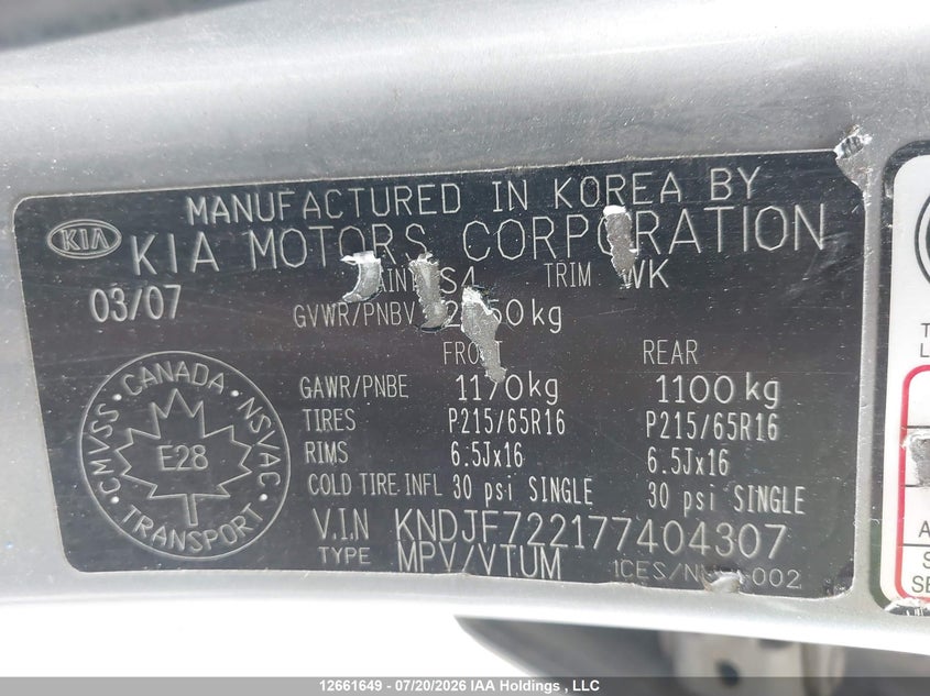 2007 KIA SPORTAGE SPORT UTILITY VEHICLE 2.0L I4 FI DOHC 16V F4