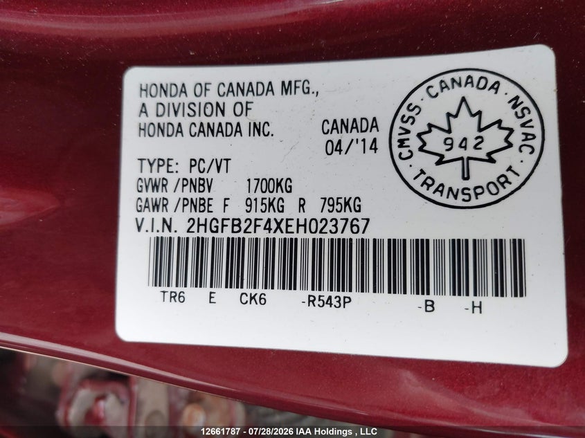 2014 HONDA CIVIC SEDAN 1.8L I4 FI SOHC 16V NF4
