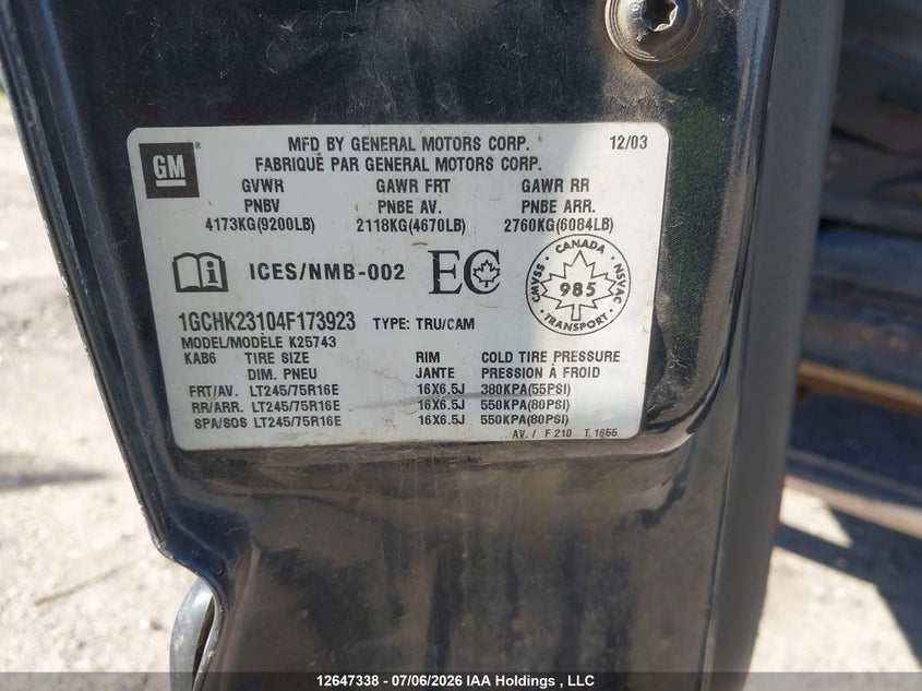 2004 Chevrolet Silverado 2500Hd Ls/Lt VIN: 1GCHK23104F173923 Lot: 12647338X