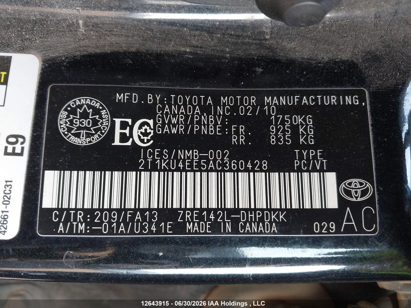 2010 Toyota Matrix Wagon VIN: 2T1KU4EE5AC360428 Lot: 12643915X