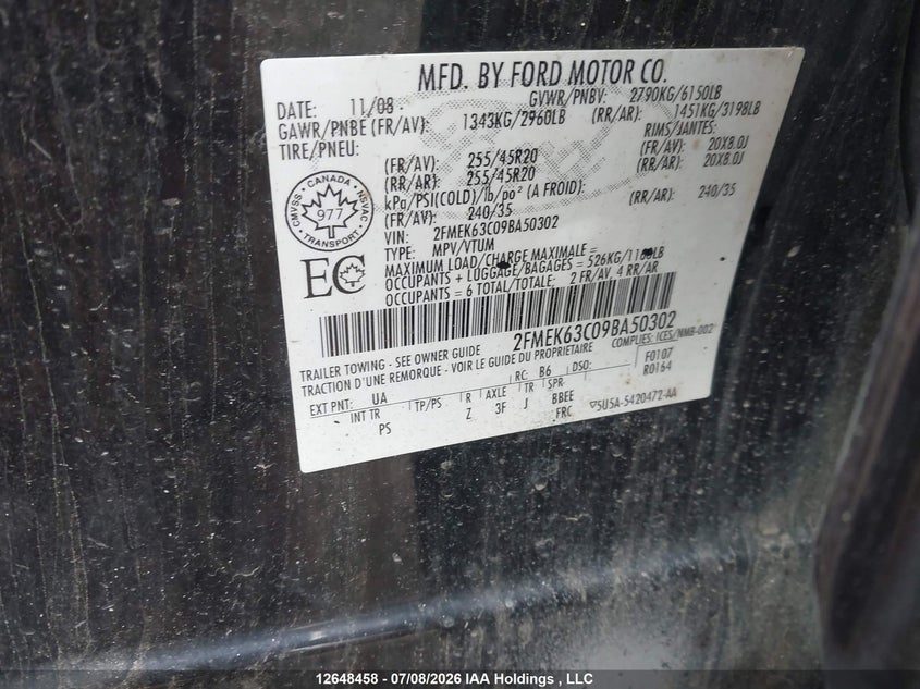 2009 Ford Flex Limited VIN: 2FMEK63C09BA50302 Lot: 12648458X