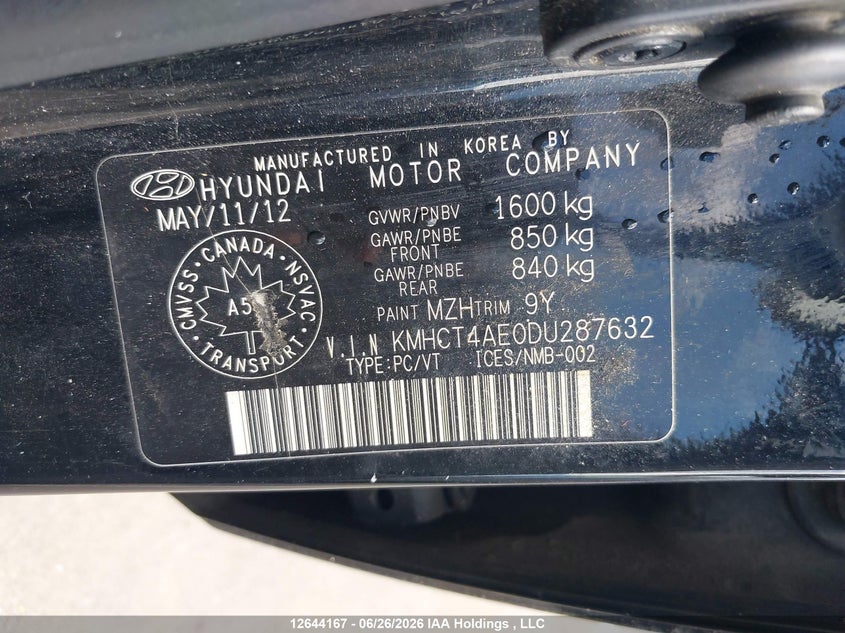 2013 Hyundai Accent Gl VIN: KMHCT4AE0DU287632 Lot: 12644167X