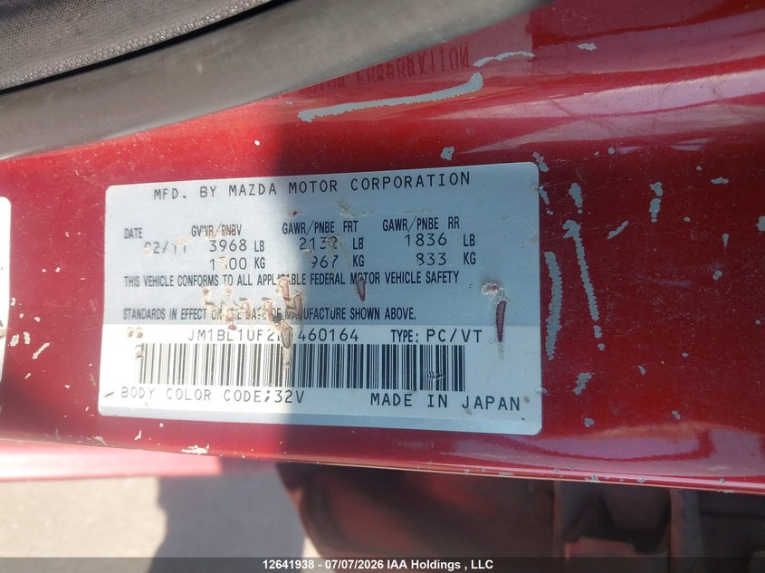 2011 Mazda Mazda3 Gx VIN: JM1BL1UF2B1460164 Lot: 12641938X