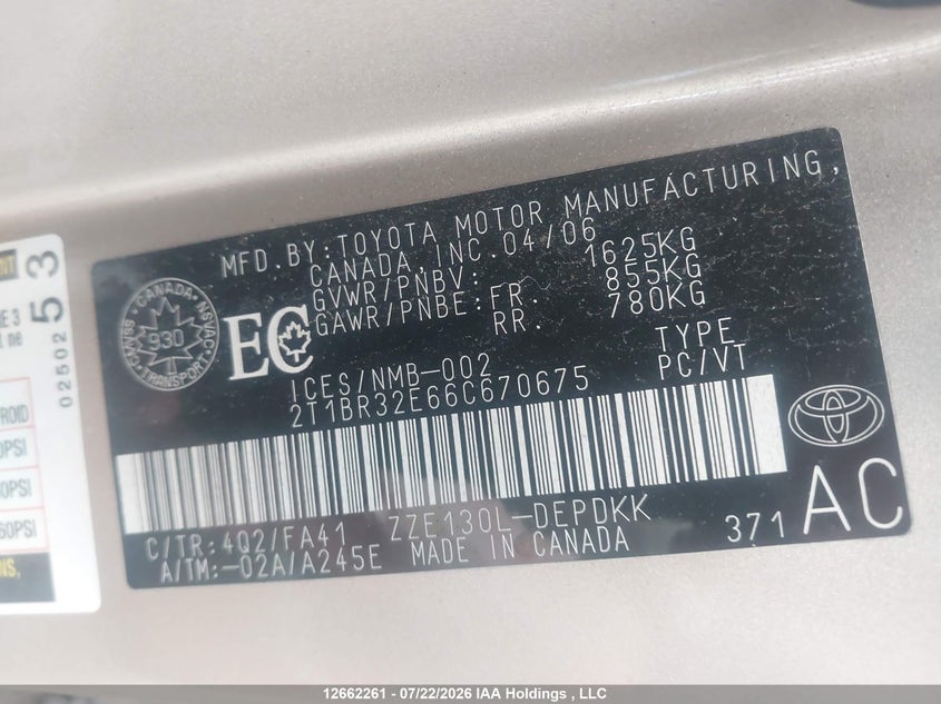 2006 TOYOTA COROLLA SEDAN 1.8L I-4 DOHC, VVT, 126HP