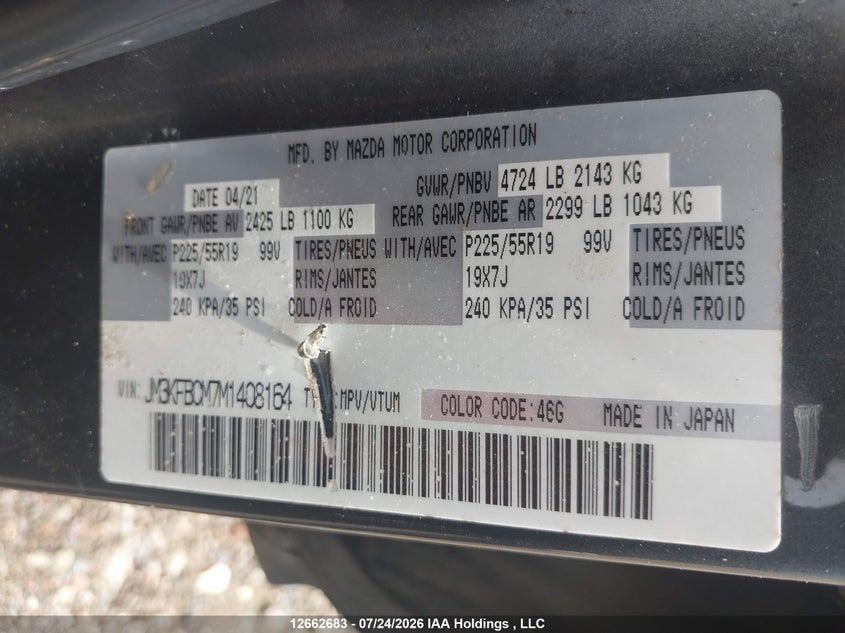 2021 MAZDA CX-5 SPORT UTILITY VEHICLE 2.5L I4 N