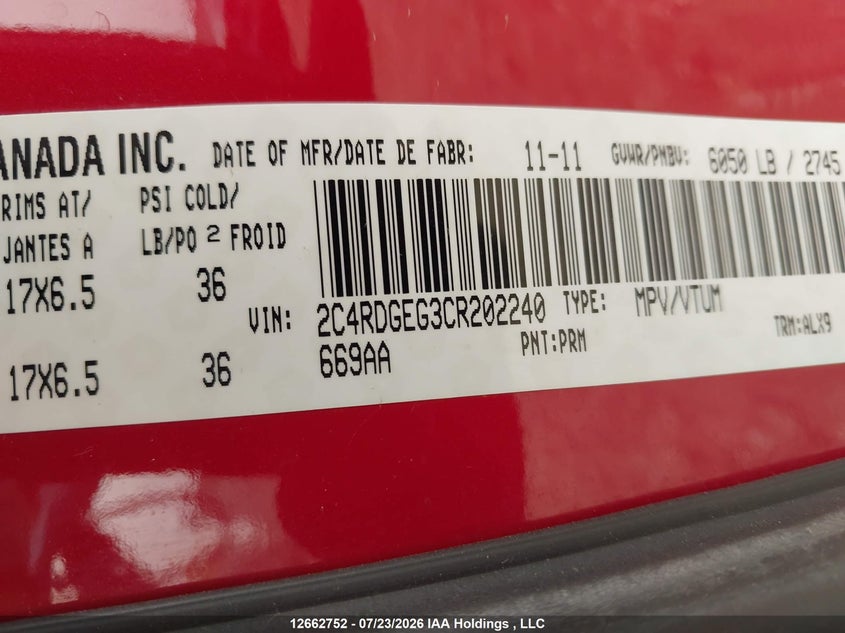 2012 DODGE CARAVAN VAN 3.6L V-6 DOHC, VVT, 283HP
