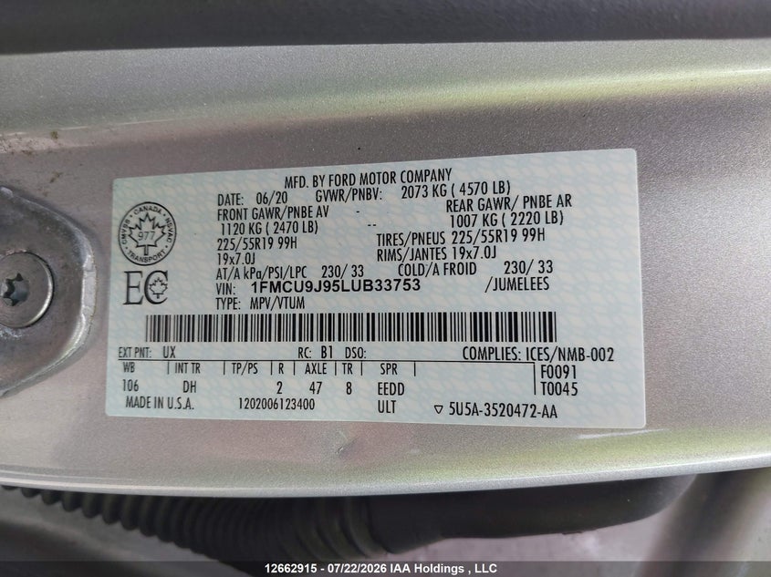 2020 FORD ESCAPE SPORT UTILITY VEHICLE 2.0L I-4 DI, DOHC, VVT, TURBO, 250HP