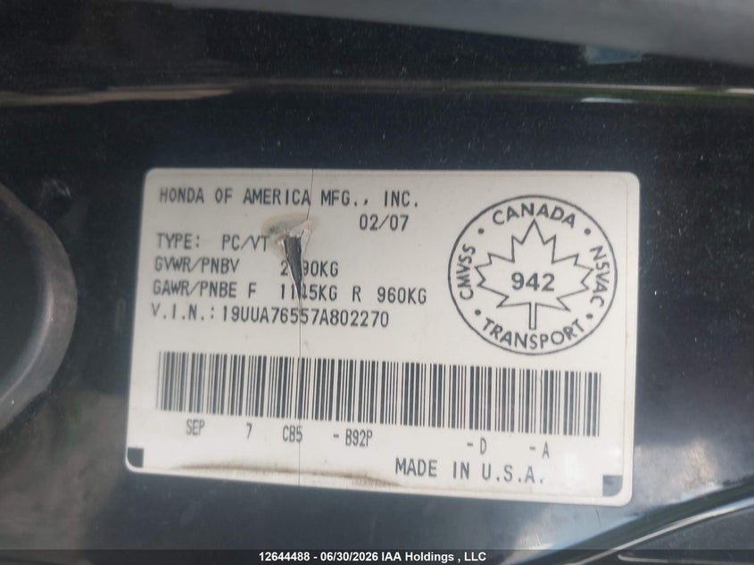 2007 Acura Tl Type S VIN: 19UUA76557A802270 Lot: 12644488X