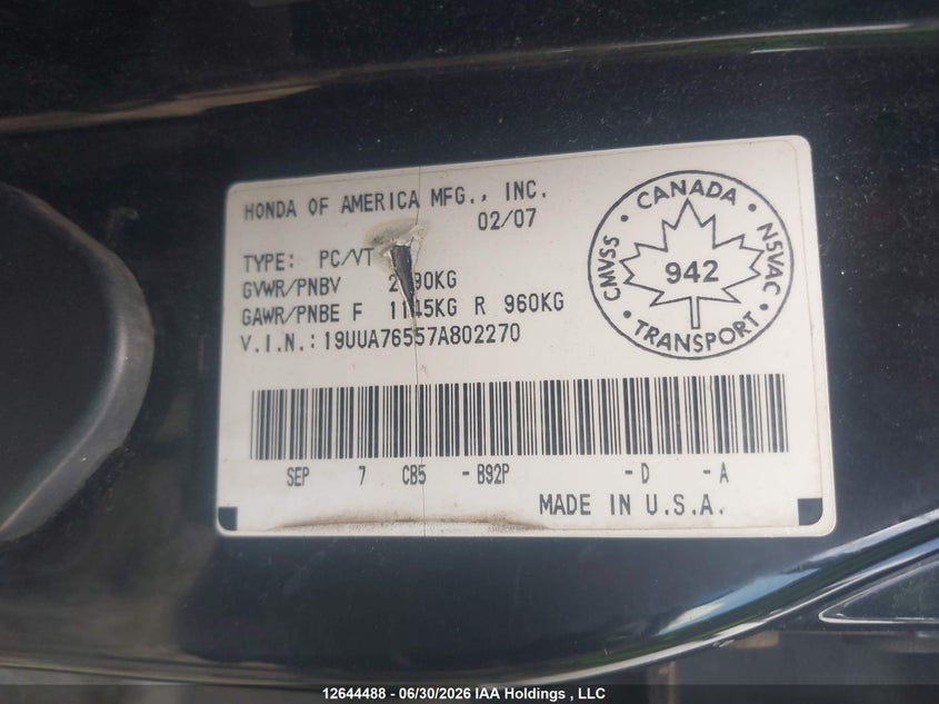 2007 Acura Tl Type S VIN: 19UUA76557A802270 Lot: 12644488X