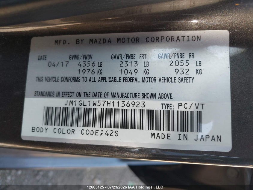 2017 MAZDA 6 SEDAN 2.5L I-4 DI, DOHC, VVT, 184HP