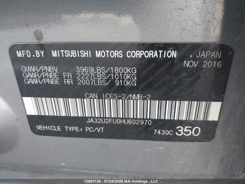 2017 MITSUBISHI LANCER SEDAN 2.0L I-4 DOHC, VVT, 148HP