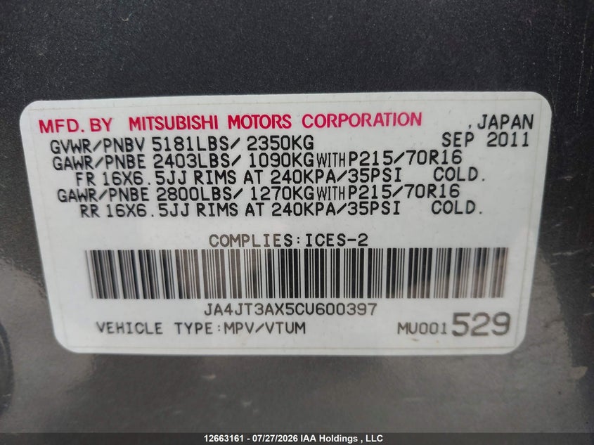 2012 MITSUBISHI OUTLANDER SPORT UTILITY VEHICLE 3.0L V-6 VVT, 230HP