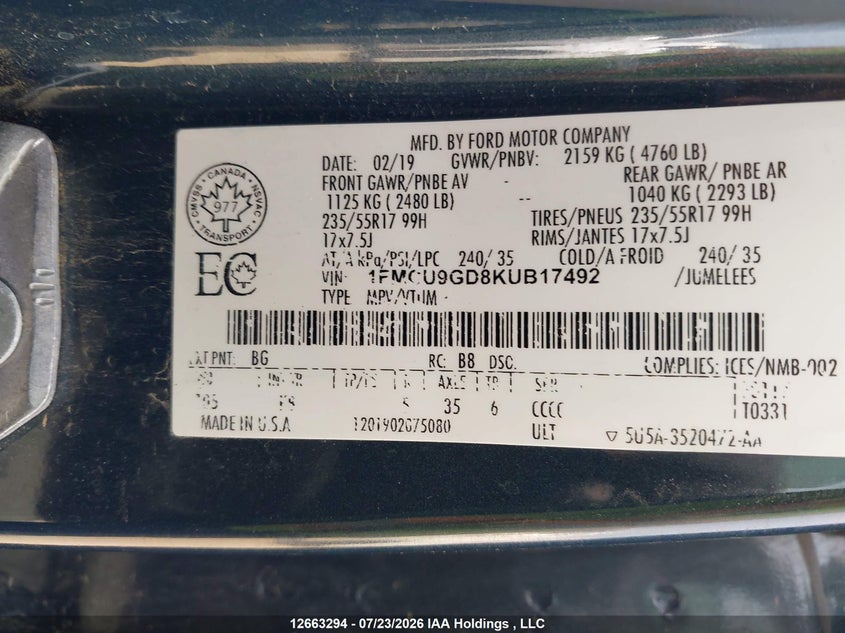 2019 FORD ESCAPE SPORT UTILITY VEHICLE 1.5L I-4 DI, DOHC, VVT, TURBO, 179HP