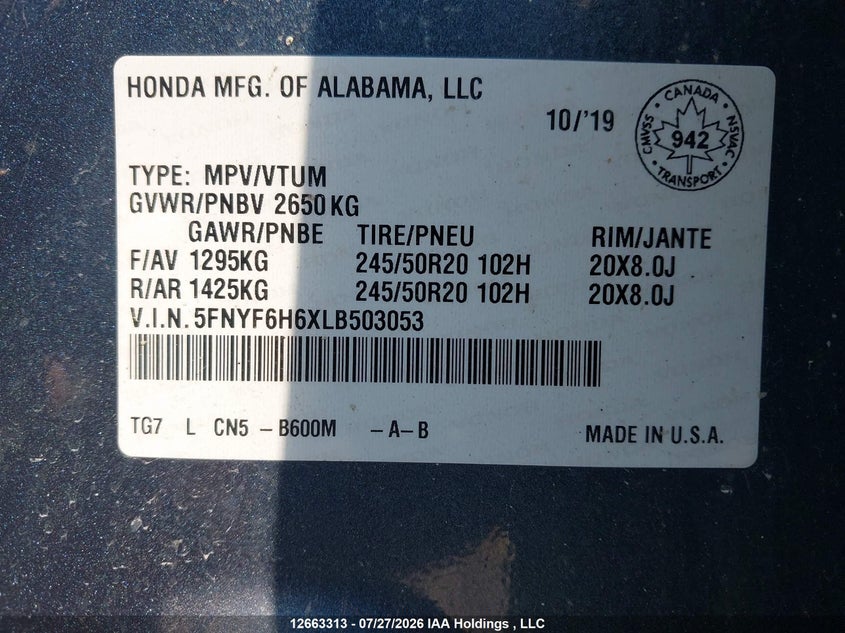 2020 HONDA PILOT TOURING 7P 3.5L V-6 DI, VVT, 280HP