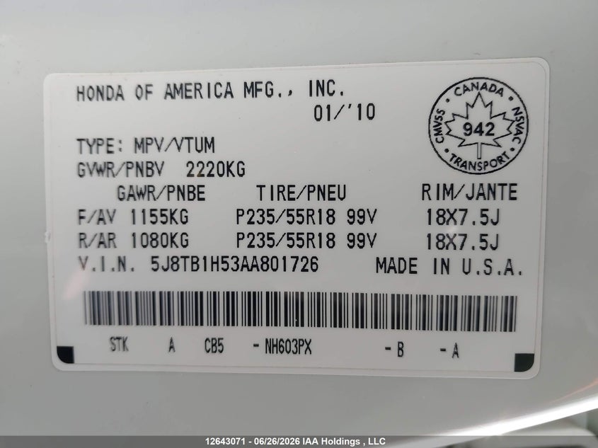 2010 Acura Rdx VIN: 5J8TB1H53AA801726 Lot: 12643071X