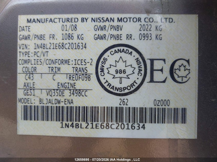 2008 Nissan Altima 3.5 Sl VIN: 1N4BL21E68C201634 Lot: 12658695x