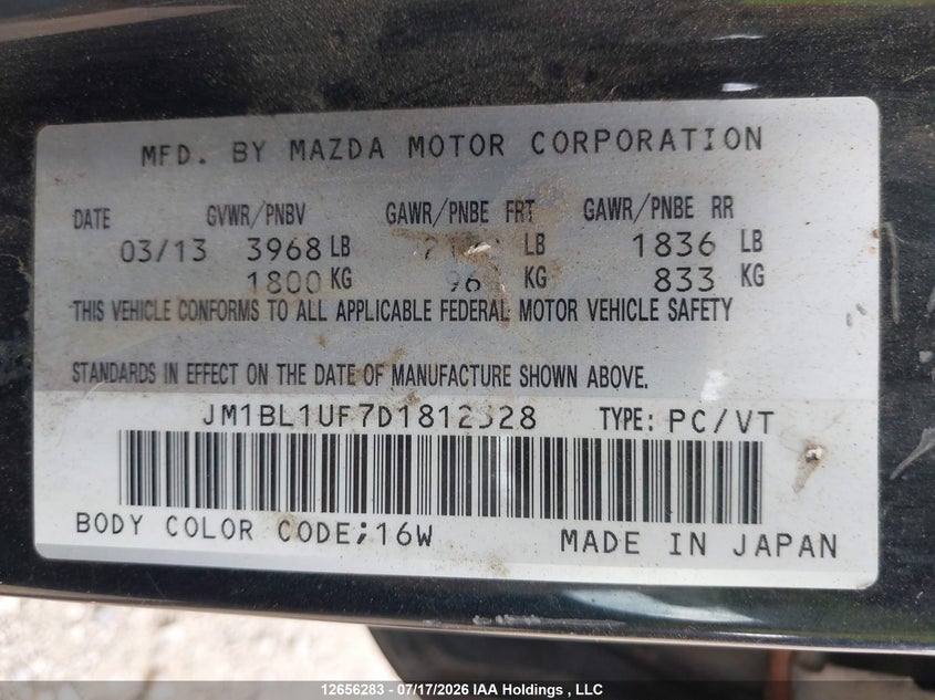 2013 Mazda Mazda3 Gx VIN: JM1BL1UF7D1812528 Lot: 12656283X