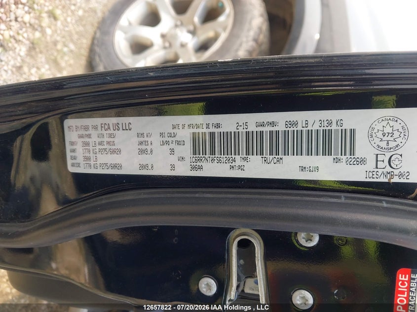 2015 Ram 1500 Laramie VIN: 1C6RR7NT0FS612034 Lot: 12657822X