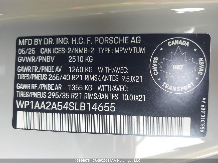 2025 Porsche Macan T VIN: WP1AA2A54SLB14655 Lot: 12646075X