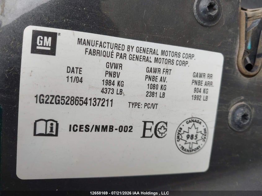 2005 Pontiac G6 VIN: 1G2ZG528654137211 Lot: 12658169X