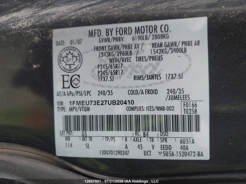 2007 Ford Explorer Xlt VIN: 1FMEU73E27UB20410 Lot: 12657801X