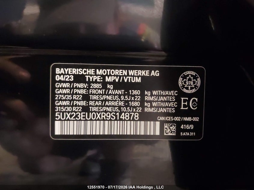 2024 BMW X5 xDrive40I VIN: 5UX23EU0XR9S14878 Lot: 12551970x