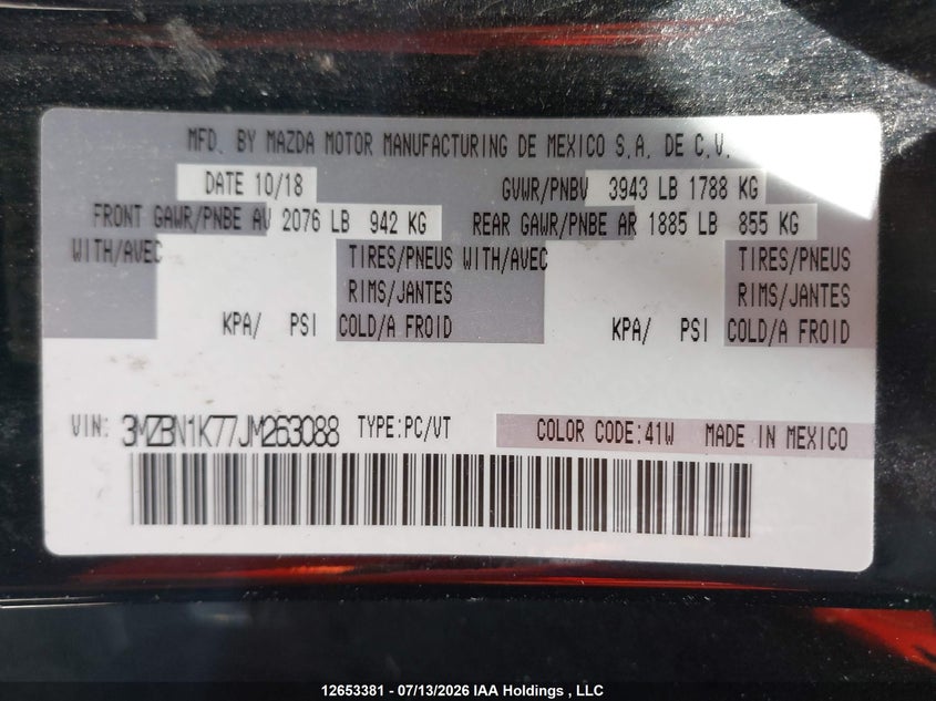 2018 Mazda Mazda3 Gx VIN: 3MZBN1K77JM263088 Lot: 12653381X