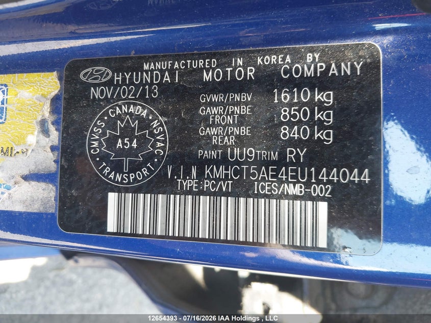 2014 Hyundai Accent Gl VIN: KMHCT5AE4EU144044 Lot: 12654393X