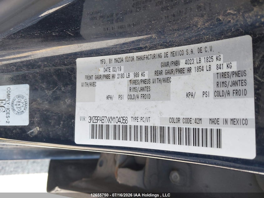 2019 Mazda Mazda3 Gx VIN: 3MZBPAB7XKM104058 Lot: 12655750X