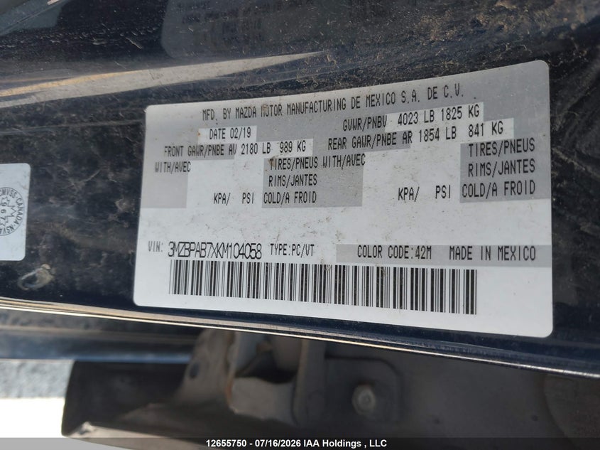 2019 Mazda Mazda3 Gx VIN: 3MZBPAB7XKM104058 Lot: 12655750X