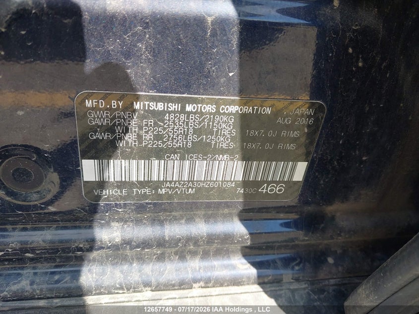 2017 Mitsubishi Outlander Es VIN: JA4AZ2A30HZ601084 Lot: 12657749X