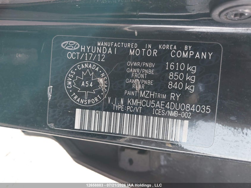 2013 Hyundai Accent Gls VIN: KMHCU5AE4DU084035 Lot: 12658883X