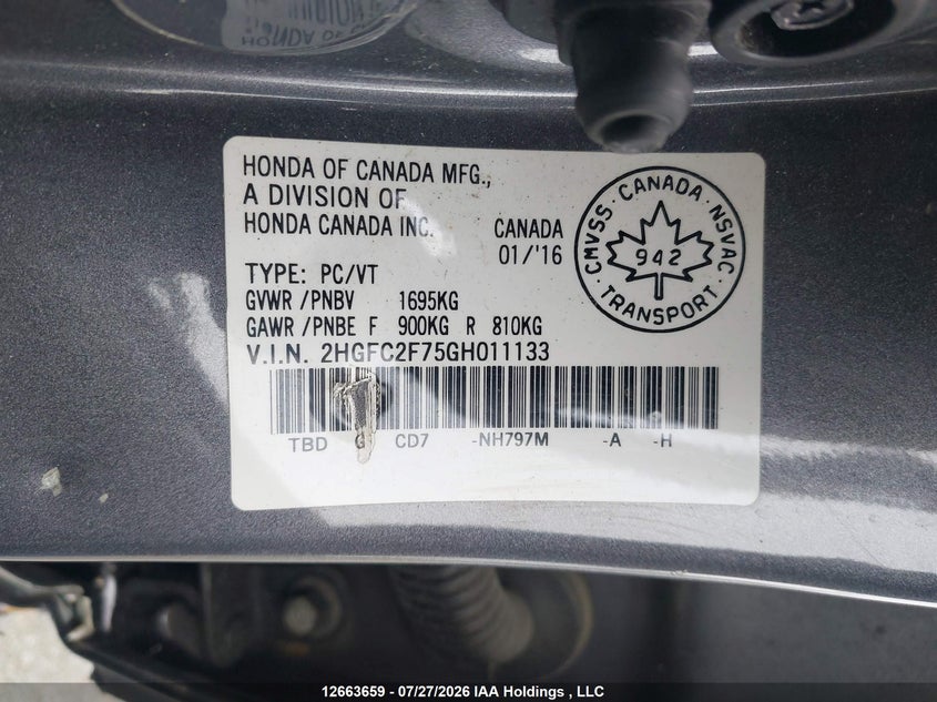2016 HONDA CIVIC SEDAN 2.0L I-4 DOHC, VVT, REGULAR , 158HP