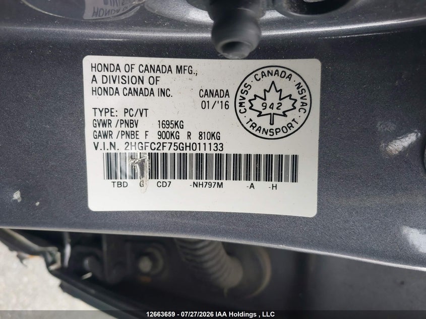 2016 HONDA CIVIC SEDAN 2.0L I-4 DOHC, VVT, REGULAR , 158HP