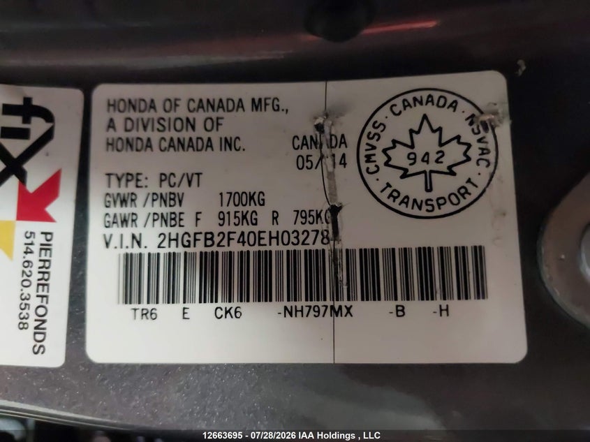 2014 HONDA CIVIC SEDAN 1.8L I-4 VVT, 143HP