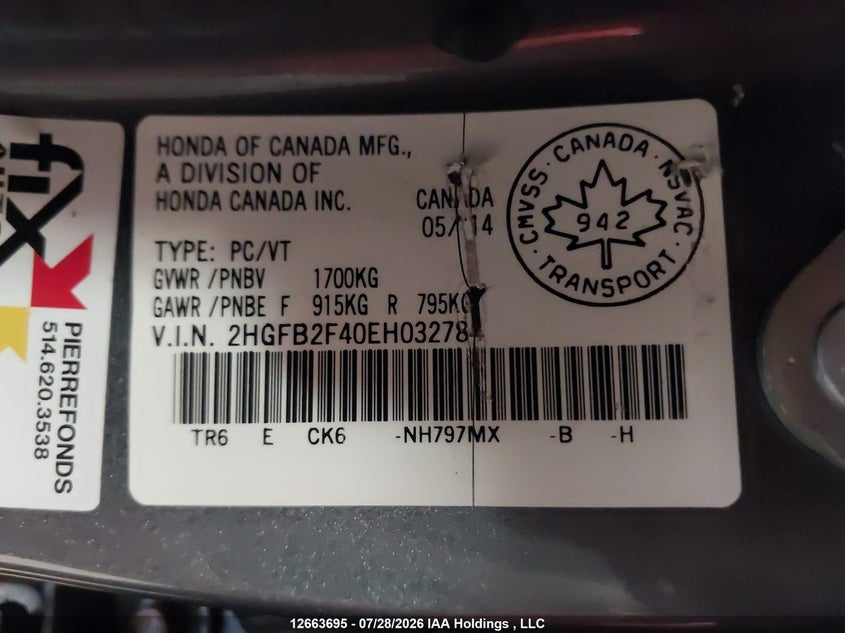 2014 HONDA CIVIC SEDAN 1.8L I-4 VVT, 143HP
