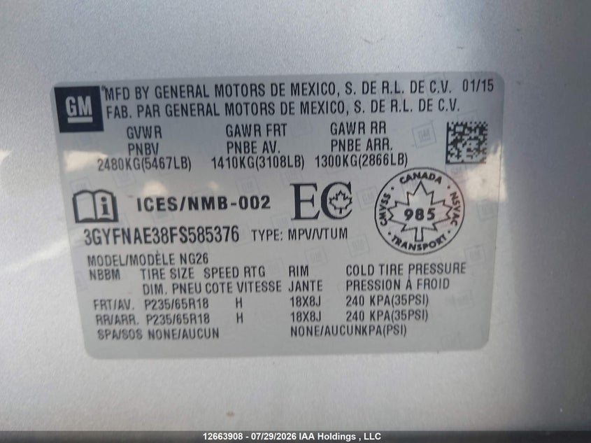 2015 CADILLAC SRX SPORT UTILITY VEHICLE 3.6L V-6 DI, DOHC, VVT, 308HP