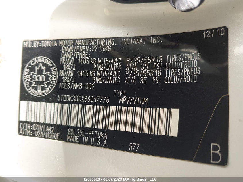 2011 TOYOTA SIENNA VAN 3.5L V-6 DOHC, VVT, 266HP