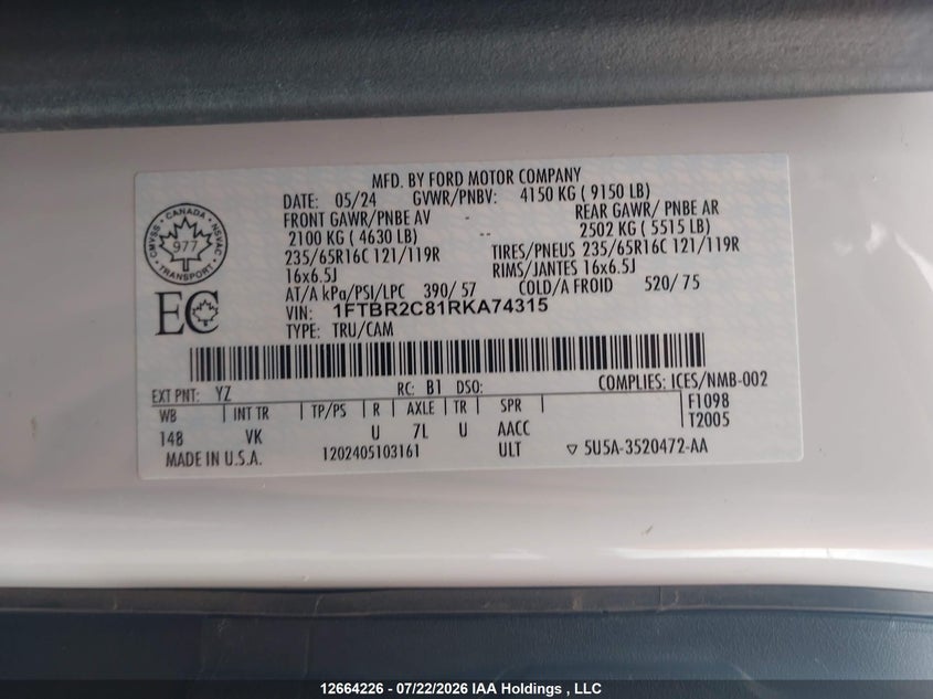 2024 FORD TRANSIT VAN 3.5L V-6 DI, DOHC, VVT, 275HP