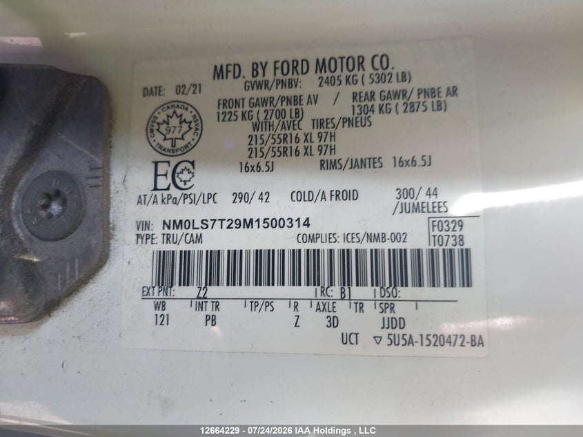 2021 FORD TRANSIT CONNECT XLT VAN 2.0L I-4 DI, DOHC, VVT, 162HP
