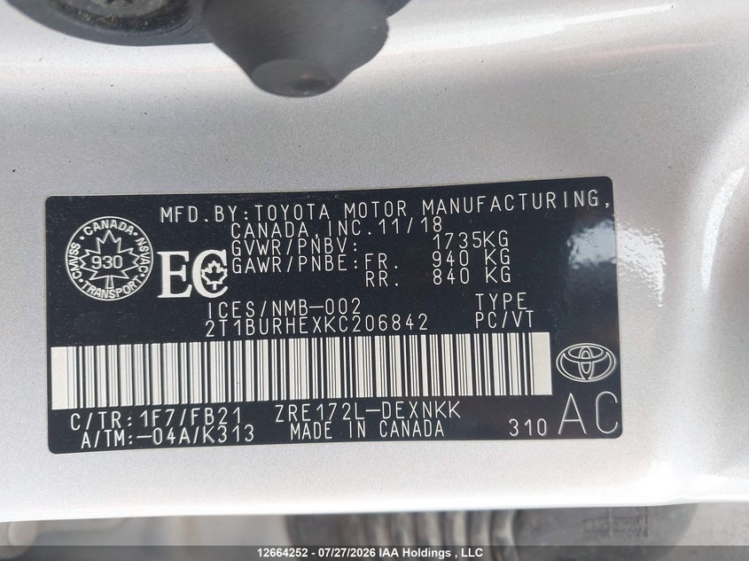 2019 TOYOTA COROLLA SEDAN 1.8L I-4 DOHC, VVT, 132HP