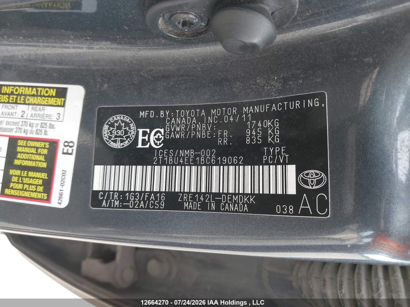 2011 TOYOTA COROLLA SEDAN 1.8L I4 FI DOHC 16V NF4