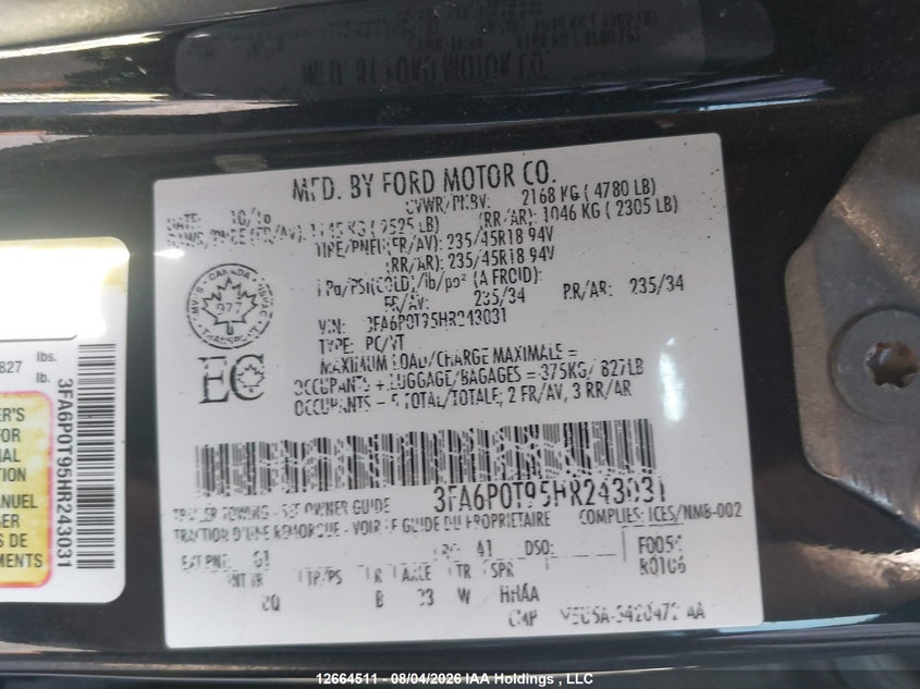 2017 FORD FUSION SEDAN 2.0L I4 FI DOHC 16V NF4