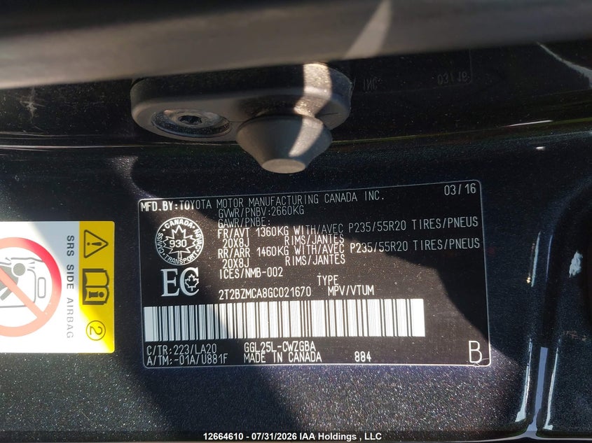 2016 LEXUS RX SPORT UTILITY VEHICLE 3.5L V-6 DOHC, VVT, 295HP