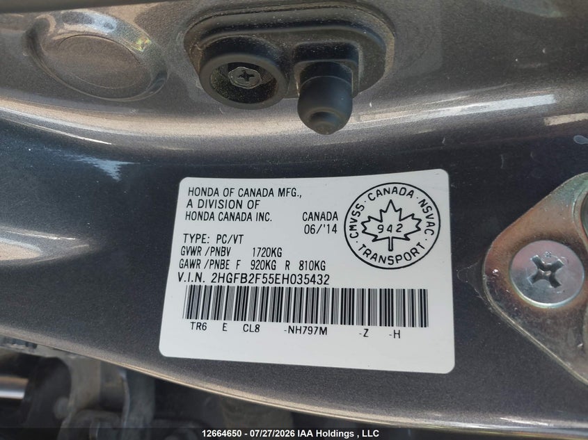 2014 HONDA CIVIC SEDAN 1.8L I-4 VVT, 143HP