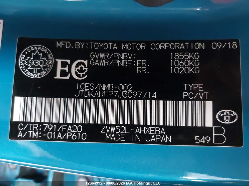 2018 TOYOTA PRIUS HATCHBACK 1.8L I-4 DOHC, VVT, 95HP