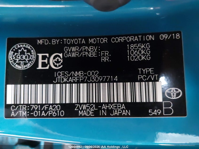 2018 TOYOTA PRIUS HATCHBACK 1.8L I-4 DOHC, VVT, 95HP